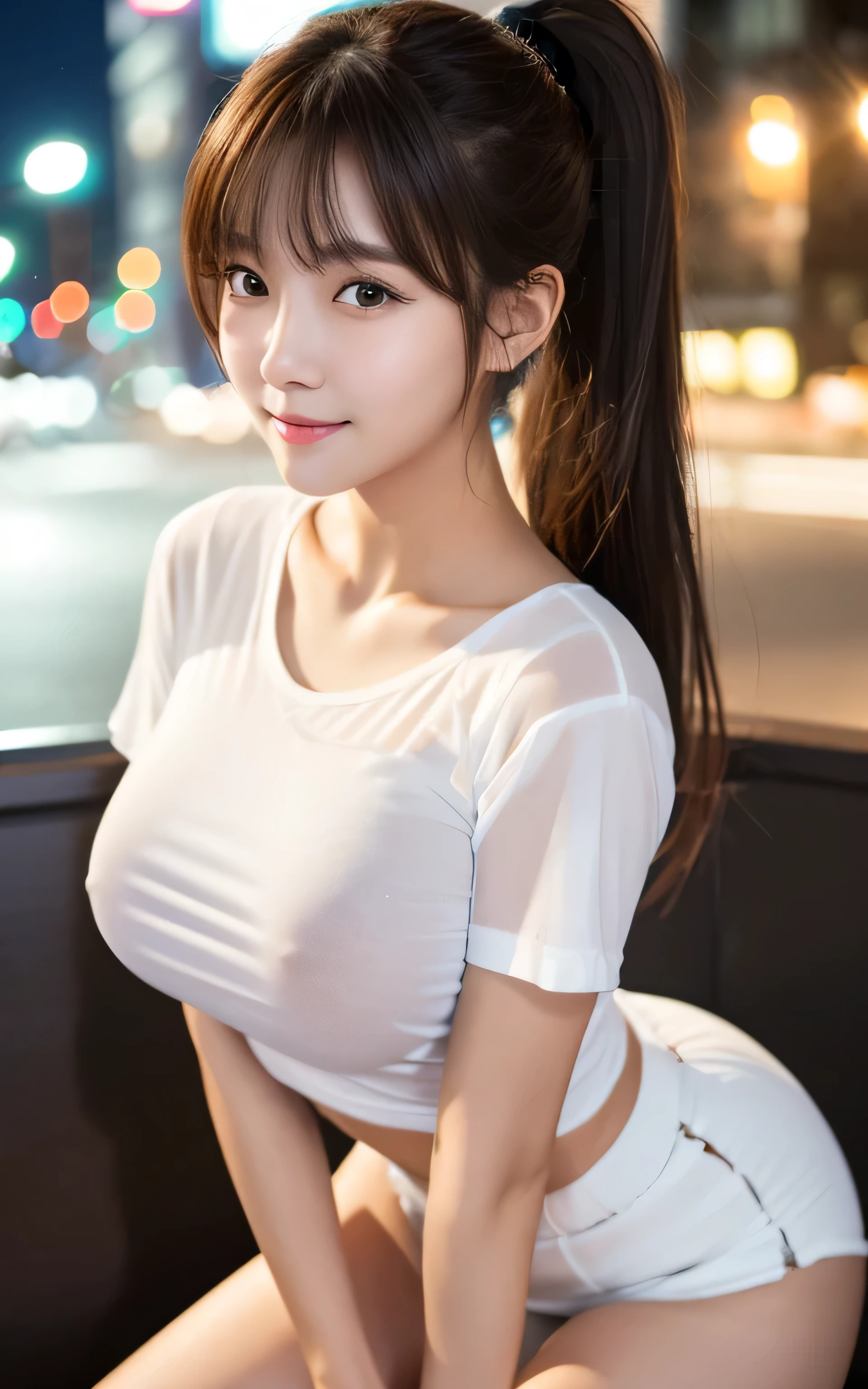 Tabletop, Highest quality, shape, Very detailed, High resolution, 8k wallpaper, Perfect dynamic composition, One Japanese woman,Beautiful and beautiful eyes, Cute eyes,ponytail,Natural Lip,Mid-chest,,Full body pose,,white T-shirt,Black miniskirt,(see-through nipples:1.1),Downtown at night,Very fine grain definition,(Round face),beautiful girl,,Realistic,Tiny bangs,Droopy eyes,A shy smile,Brown Hair,Aligned teeth,