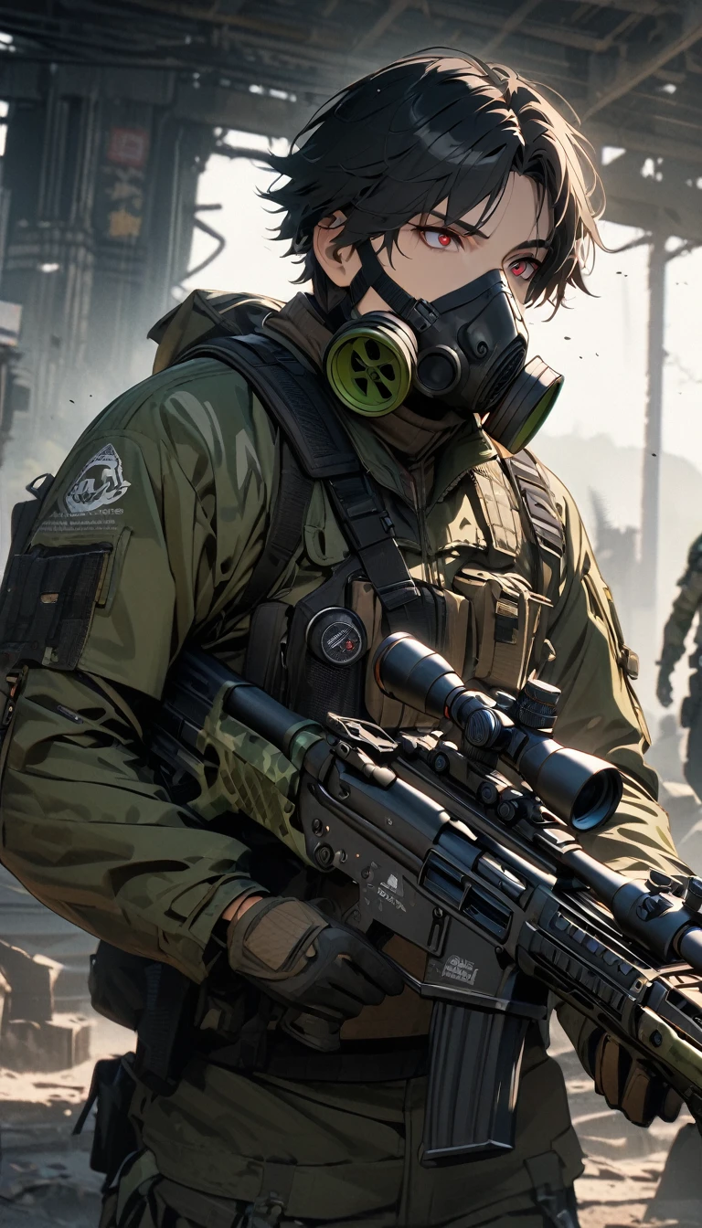Adult guy, boy, short black hair, blue and red eyes, green camouflage form, rifle, gas mask, S.T.A.L.K.E.R., Masterpiece, best quality, Full HD, 8k, ultra details, great graphic