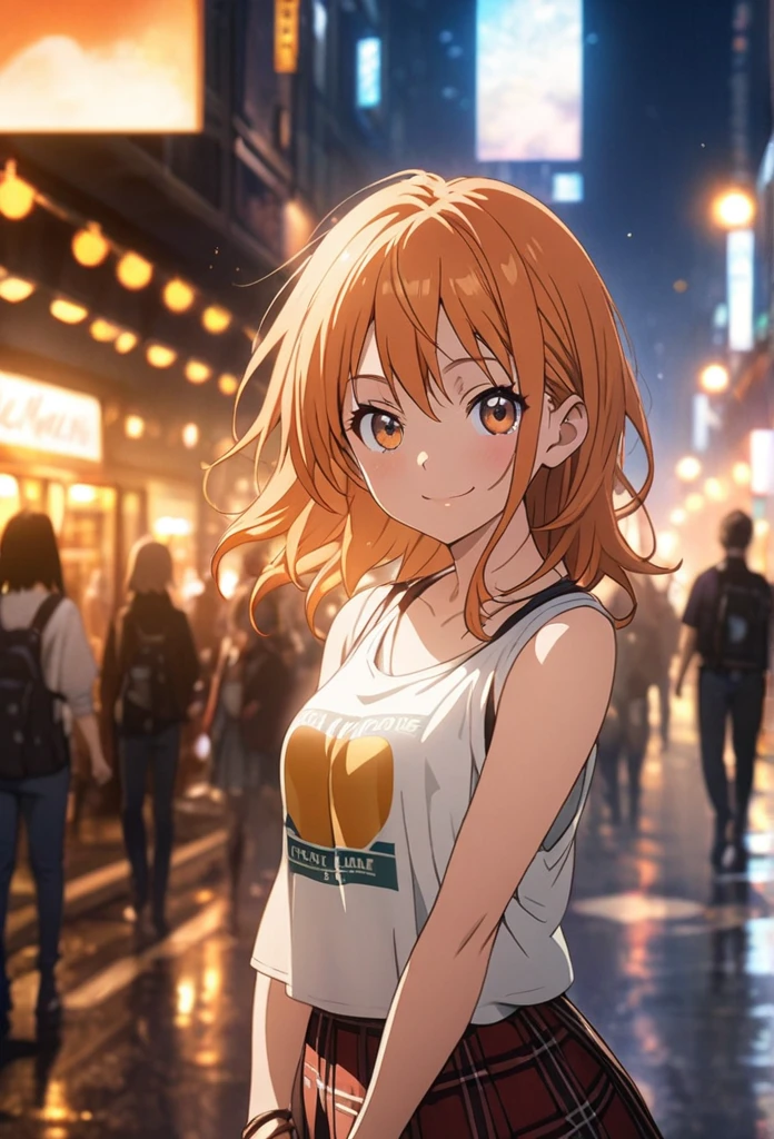 masterpiece, Highest quality, Highly detailed CG Unity 8K wallpapers, High School Girl Anime Illustration, Red and black checked skirt, An oversized tank top that reaches up to the knees、piece sign、she has her eyes closed and mouth open, smile. The background is a realistic city, nami , orange Hair Color, orange Eyes, orange eyelashes, Cowboy Shot, morning, bokeh photography, (soft focus):1.2, out-of-focus highlights, dreamy ambiance, glowing circles, mesmerizing depth