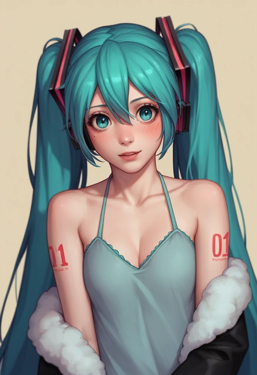 Pontuação_9 pontuação_8_acima,girl bith,eyes green,hair long messy dark red,rabo rabbit white,big tits,detailed eyes,cosplay hatsune miku 