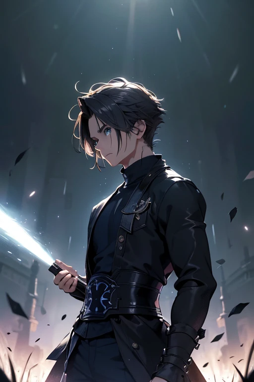 Masterpiece artwork, best qualityer, アニメ, highy detailed, 1 boy, standing alone, holding an epée, russet hair, hair between the eyes, casual clothes, standing, field of battle, Full fathoms of background with HD lighting and dark )<=(epic image quality)dark atmosphere with glowing light particles(lots of background effects.