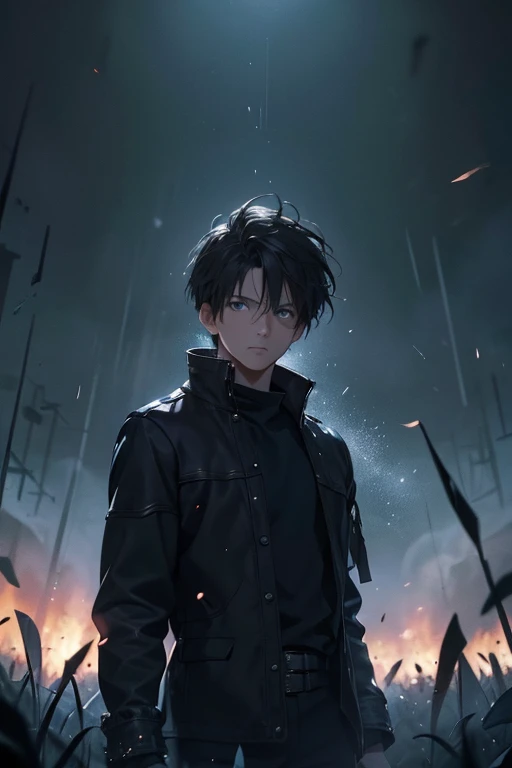 Masterpiece artwork, best qualityer, アニメ, highy detailed, 1 boy, standing alone, holding an epée, russet hair, hair between the eyes, casual clothes, standing, field of battle, Full fathoms of background with HD lighting and dark )<=(epic image quality)dark atmosphere with glowing light particles(lots of background effects.