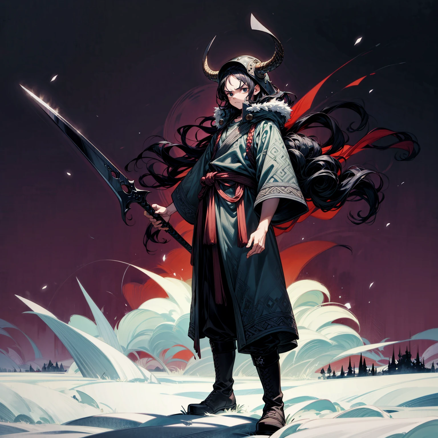 Grassroot, Full body version, solo, boy, black eyes, black hair, long curly hairstyle, Vikings style clothing, boots, Vikings helmets, full background in field snow, (one piece style art), standing gesture, angry eyes