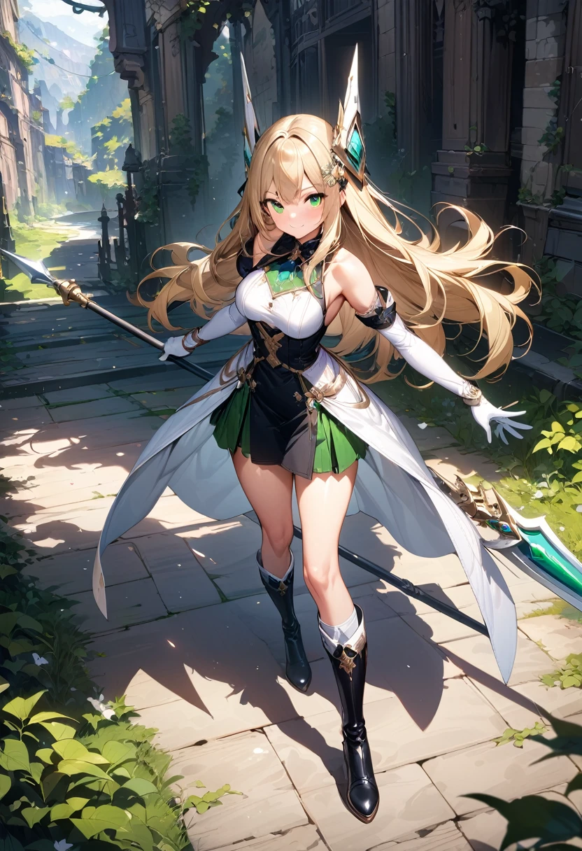 (masterpiece),(best quality),(ultra-detailed),(best illustration),(best shadow),(absurdres),(detailed background),(very aesthetic), 1girl, green-eyes, solo, gloves, blonde-hair, ((long-hair)), white-gloves, looking-at-viewer, full-body, simple-background, boots, weapon, dress, breasts, smile, standing, hair-ornament, closed-mouth, bangs, polearm, outstretched-arms, knee-boots, medium-breasts, holding-weapon, bare-shoulders, detached-sleeves, ribbon, headgear, blush, sleeveless, spear, elbow-gloves, skirt