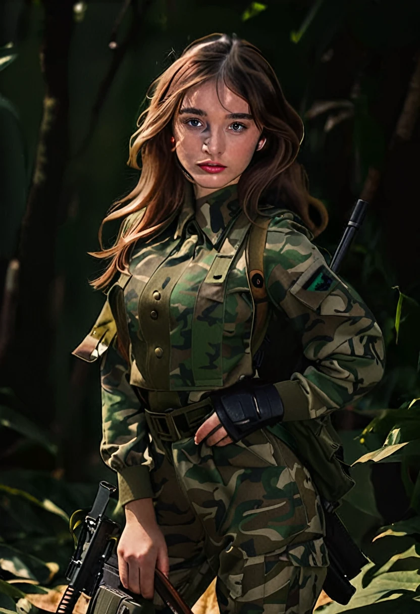 3d boxy style, An image of a busty military officer, female, brunette hair, gorgeous, military hat, pushup bra, cleavage, camo vest, in a camp, (detailed skin complexion:1.2), best quality, deep color, complex shading effect, ambient occlusion, highly detailed textures