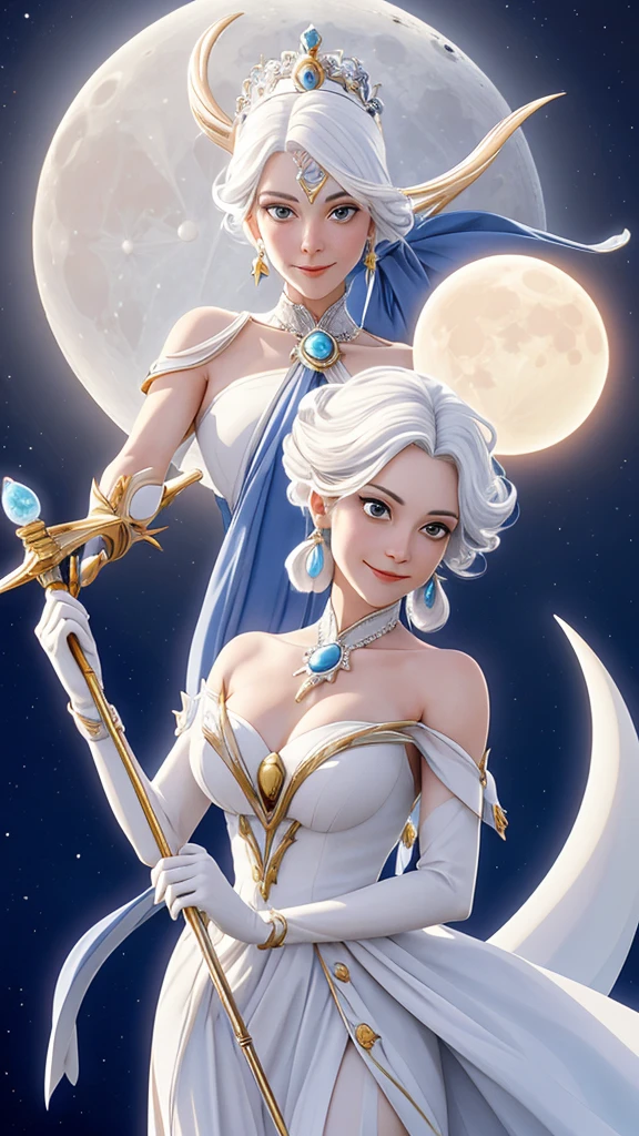 Woman with white hair，Hand holding up a scepter，The sun and the moon appear in the sky Woman with white hair，Hand holding up a scepter，The sun and the moon appear in the sky 