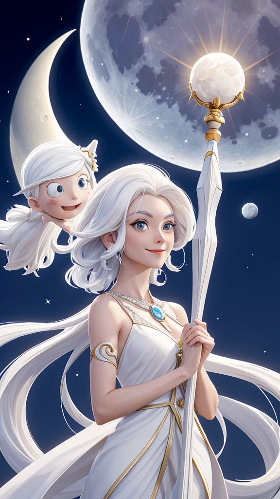 Woman with white hair，Hand holding up a scepter，The sun and the moon appear in the sky Woman with white hair，Hand holding up a scepter，The sun and the moon appear in the sky 