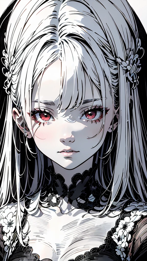 master piece:1.5、(minimal art, line drawing), woman、draw a picture with a pencil、Black and white art:1.2、lips are red、Black and white world、silence、An ennui look、Densely drawn