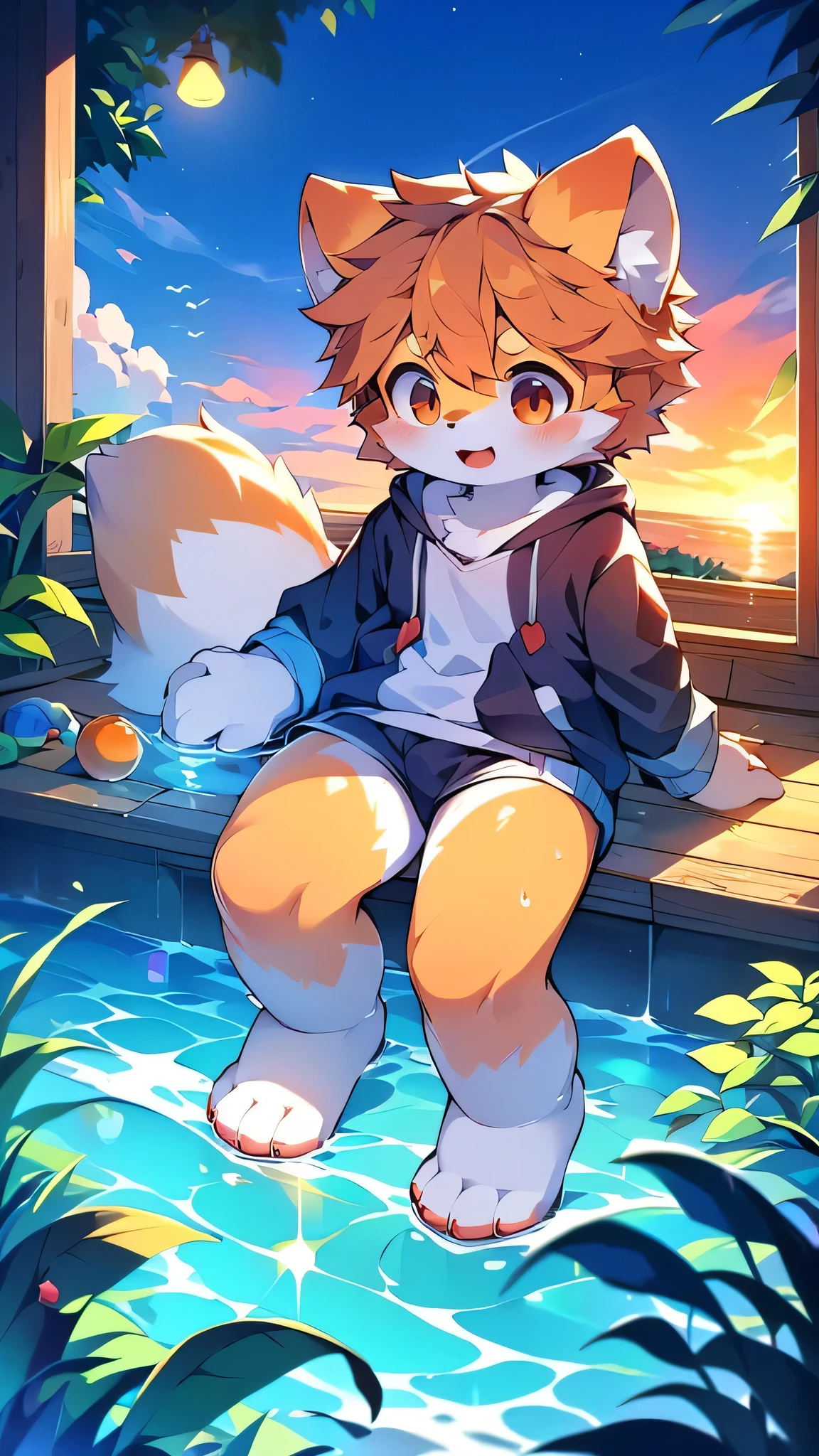 Red Panda Boy,School,student,(Cute characteristics of hoodies) Ultra-fine,Exact details,4K ultra-vivid,Cute Face,Fluffy fur,Furry,Water Play,swimming,Ocean,Cute art style in anime,Pixiv Contest Winners,(Cheerful teenager,15 years old:1.3)sunset,single,alone,Dark night scene,bed