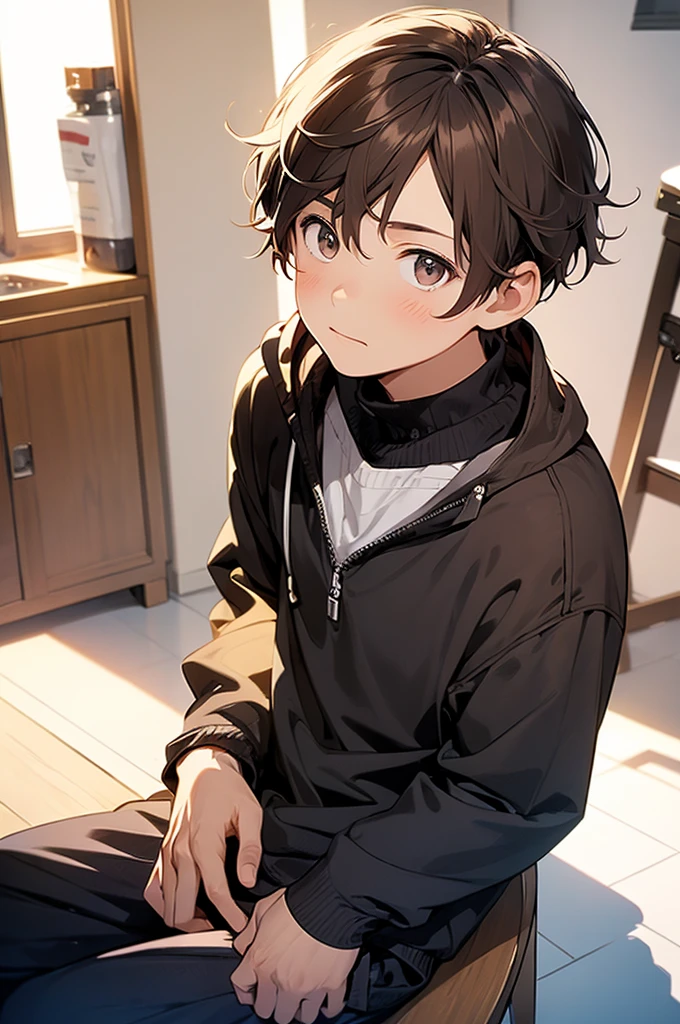 a boy with brown hair sitting posing close to each other with their eyes the same way they would pose on movie posters, standing alone, male focus, ung boy, White background, ashen hair, simple background, looking ahead at viewer
