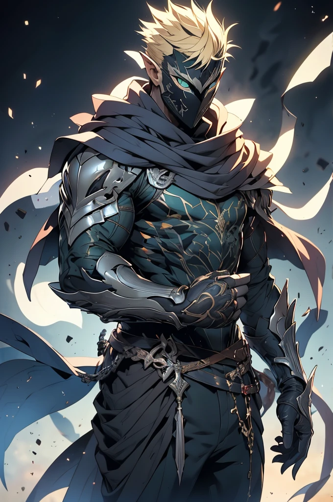 man, blond hair, short hair, green eyes, wears a mask that covers his entire face, only leaving his eyes and ears showing and his hair is also showing, pointy ears, wears a blue cloak with a contrasting black and has a symbol of a dragon with a white sword on it, holding a mithril dagger in his left hand, and in his right hand holding a silver dagger, the scene is a field full of swords stuck in it