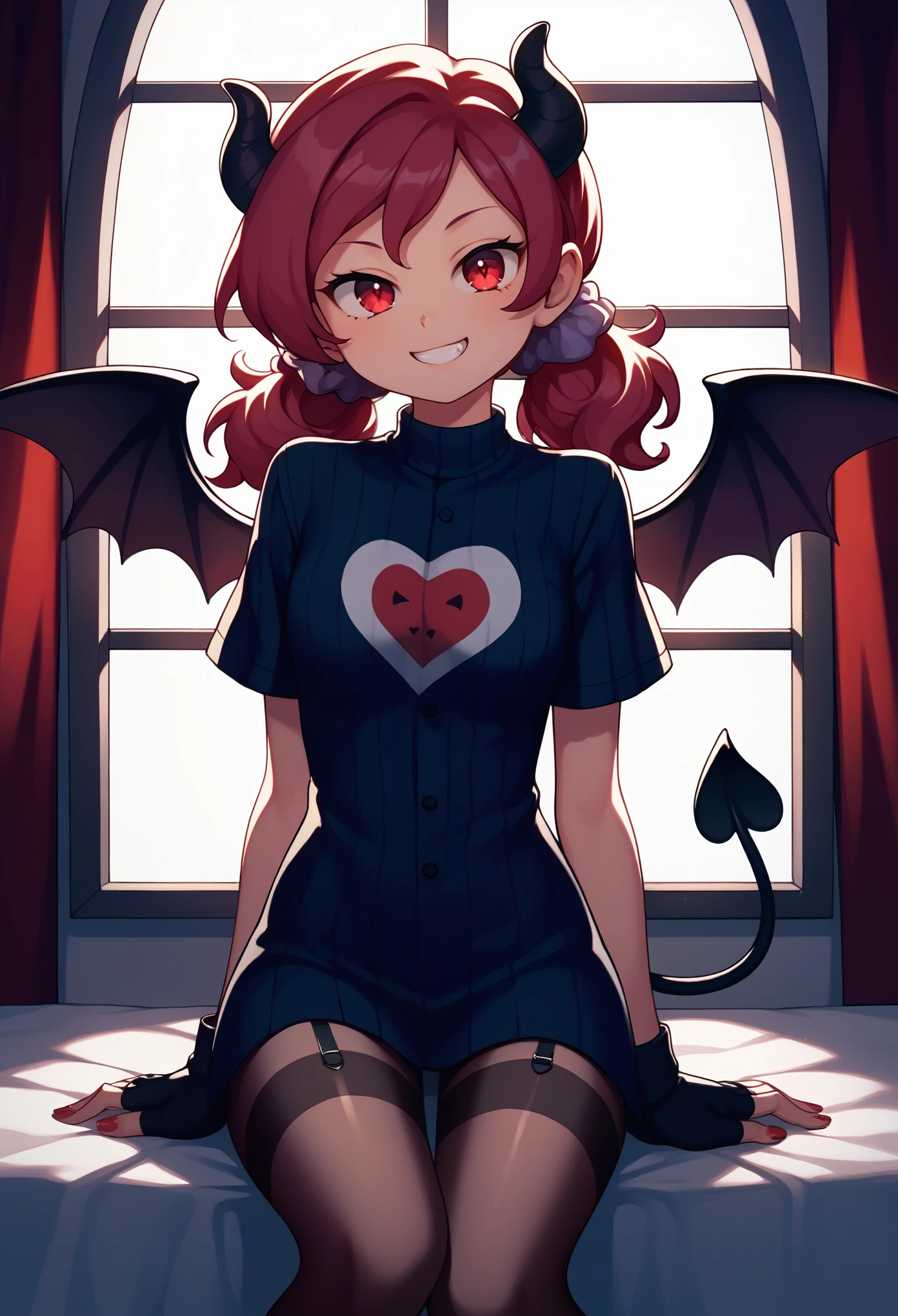 score_9, score_8_up, score_7_up, source_anime, BREAK, mwk
1girl, solo, button-down-shirt, ribbed-pantyhose, anne boonchuy, seductive smile, looking at viewer, indoors,, wings, horns, tail, demon tail, fingerless gloves, garter straps, gloves, demon horns,