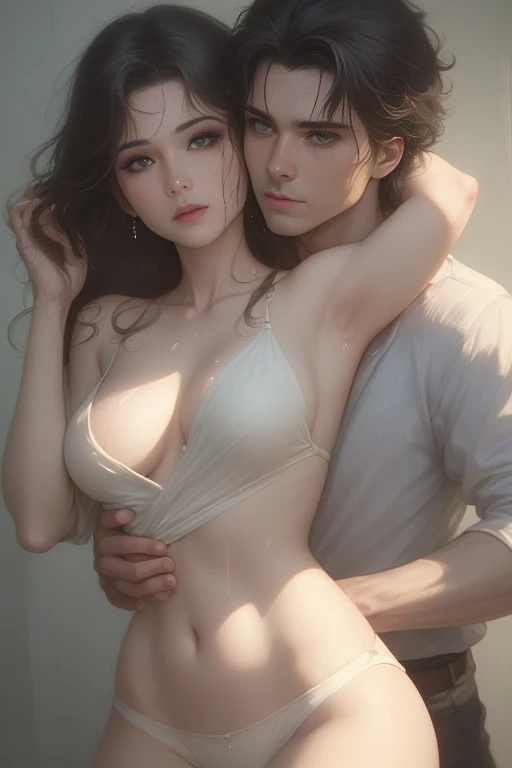 High-quality images of couples: blond man (Tall、Statue-like、Handsome and、Brave young man、Blue eyes、Curly golden hair、Wearing a grey antique military uniform) A woman with black hair (long straight black hair、Long Bangs、Blackberry eyes、A beautiful young femme fatale、naked、PRİNCESS、Hugging。They are in love with each other。Created by Boris Vallejo「Ideal Anatomy」The sketch of、It is characterized by being very detailed.。masterpiece、Detailed study of the face、Beautiful Face、Features of Beautiful Face、Perfect Image、Realistic shots、Detailed study of the face、Full body image、8k、Detailed Images、Highly detailed illustration、A true masterpiece of the highest quality、Careful drawing。Bare Skin、Gown and naked watercolor、
Gothic、Romance Black Panties、
Large drops of sweat、Dripping Sweat、A look of ecstasy as she spreads her legs wide、Fierce love