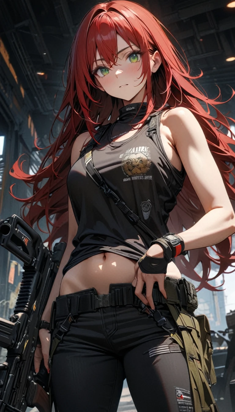 Adult girl, long hray hair, green eyes, black and red camouflage form, tight tank top, sleeveless, little muscles, open belly, pants, rifle, S.T.A.L.K.E.R., Masterpiece, best quality, Full HD, 8k, ultra details, great graphic