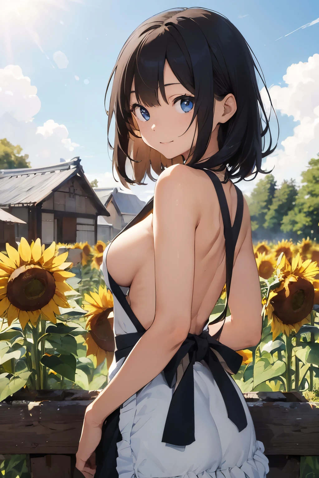 ((Highest quality)), ((masterpiece)), (detailed), (Japanese),, Black Hair,(Childish face), (Straight Hair), Girl , big Breasts, ,(Naked), ((Blue eyes)),half-smile , Sunlight, from_Side, arched back, (from_behind) ,upper body,Cosmos field ,Sunflower field ,(Naked Apron),Frill apron,