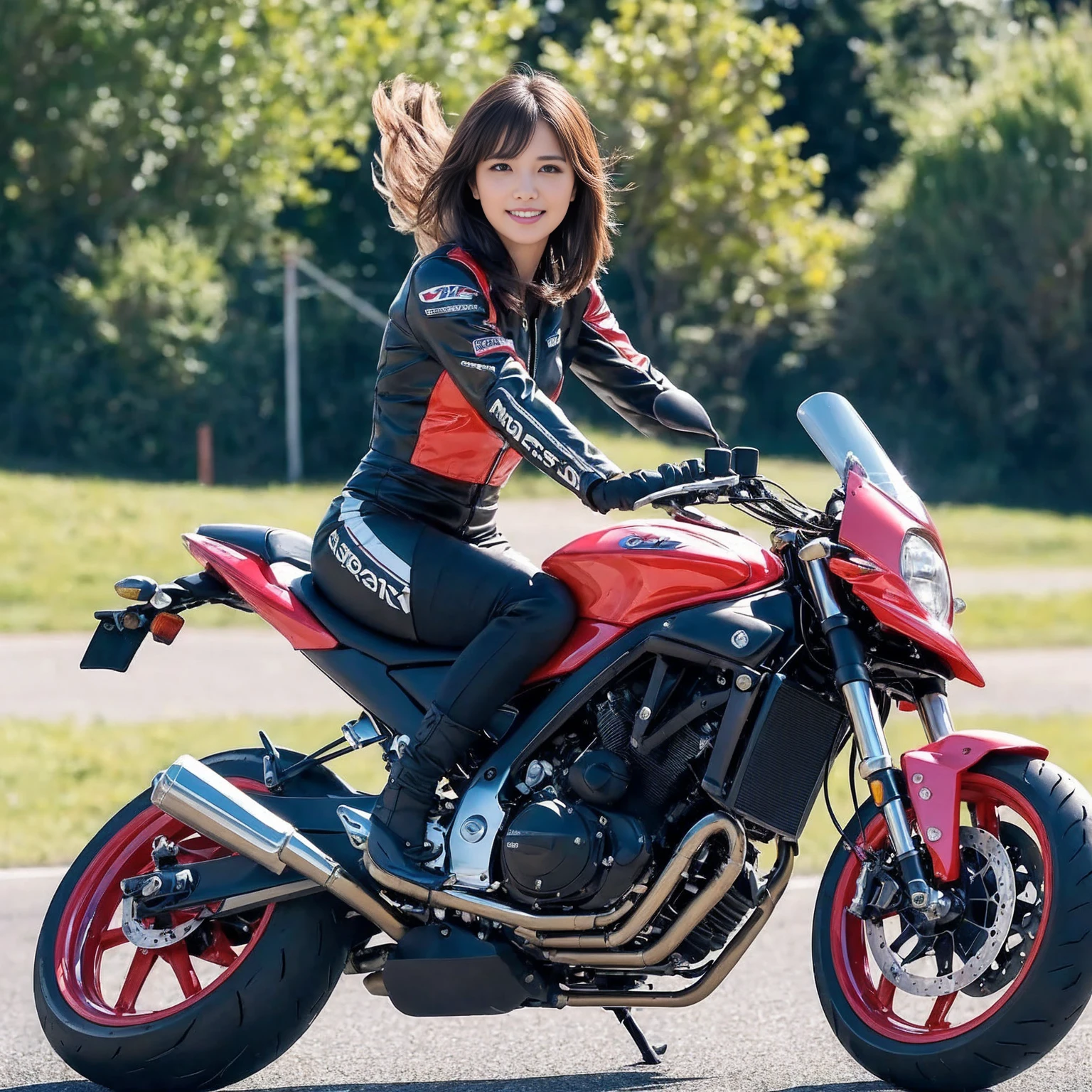 (highest quality, 8K, 32K, masterpiece, UHD: 1.3), professional photos, realistic pictures, multiple angles, Photo of erotic beautyhighest quality,masterpiece,Ultra-high resolution,(Photorealistic:1.4),(One girl),1 female,20 years,(Riding a motorcycle),(Riders),smile,(Brown short hair), roar, Outdoor,(orbit),Pit Road,(Racing Motorbike)、Shooting from 3m away、Wide-angle shooting,(windy:1.45)
