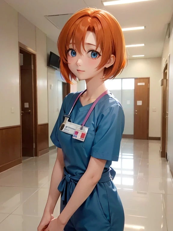 girl, alone, ((Rena Ryuuguu, orange hair, short hair, Blue eyes)), 医療用scrub、scrub、Female nurse、Hold in hand、Short sleeve、Long trousers, (ID card)、strap、Hospital corridor、Warm lighting、sense of cleanliness