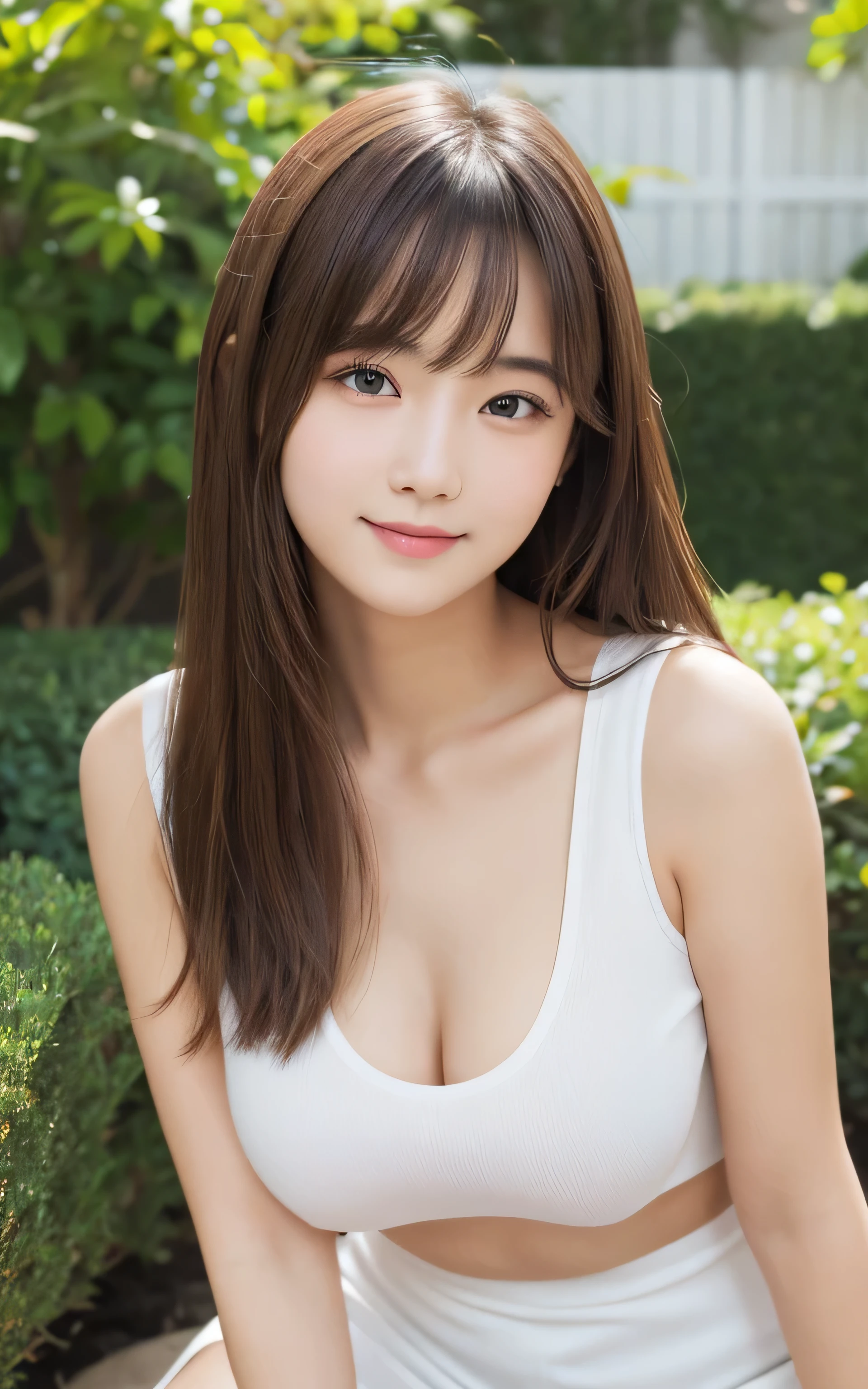 Tabletop, Highest quality, shape, Very detailed, High resolution, 8k wallpaper, Perfect dynamic composition, One Japanese woman,Beautiful and beautiful eyes,Cute eyes,Natural Lip,Mid-chest,,Full body pose,,white T-shirt,Black miniskirt,(see-through nipples:1.1),garden,Very fine grain definition,(Round face),beautiful girl,,Realistic,Tiny bangs,Droopy eyes,A shy smile,Brown Hair,Aligned teeth,