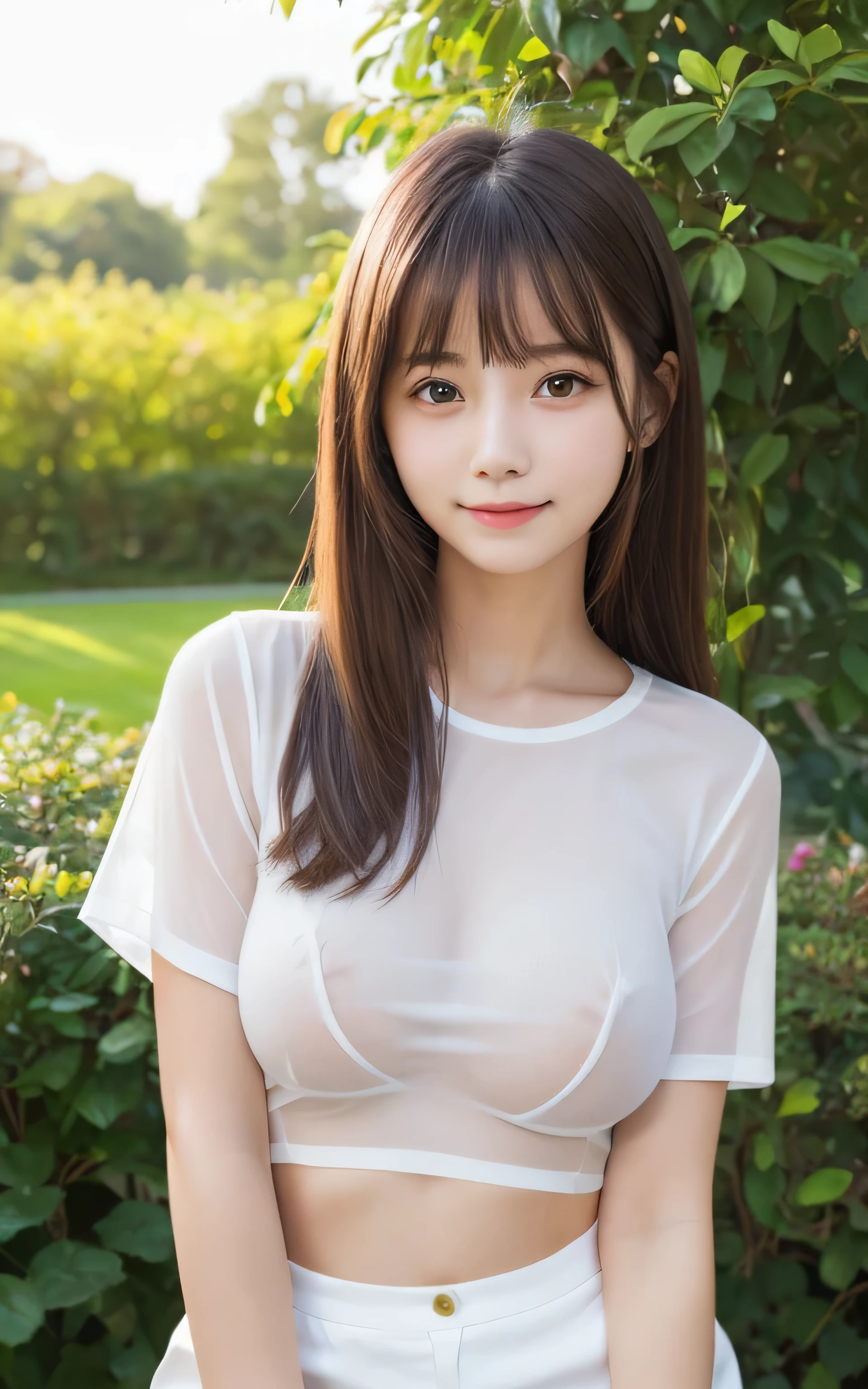 Tabletop, Highest quality, shape, Very detailed, High resolution, 8k wallpaper, Perfect dynamic composition, One Japanese woman,Beautiful and beautiful eyes, Cute eyes,Natural Lip,Mid-chest,,Full body pose,,white T-shirt,Black miniskirt,(see-through nipples:1.2),garden,Very fine grain definition,(Round face),beautiful girl,,Realistic,Tiny bangs,Droopy eyes,A shy smile,Brown Hair,Aligned teeth,