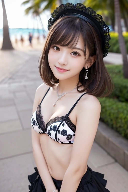 girl, White skin, ((Dark brown short tiered hair)), (Dark brown short hair),V cut with layers and bangs, Brown eyes, Soft atmosphere characteristics (Highest quality, Ultra-high resolution, 8k, RAW Photos, Ultra-high resolution: 1.2, masterpiece: 1.3), (Realistic, Realistic: 1.37), Very detailed, Professional Lighting, Photon Mapping, Radio City, 物理ベースレンダring, One Girl, (high school girl), Sharp focus:1.2、Beautiful woman:1.4,cute, Nice,(Adorable smile:1.2), Normal chest, Cross Necklace、Earrings、ring,()、(((Cute micro bikini:1.2,(Looking at camera:1.2)on Waikiki beach))),(Selfie:1.2),((Gothic Lolita F、Pink, black and white gothic lolita outfit:クのLace Bra,Lace Bra))