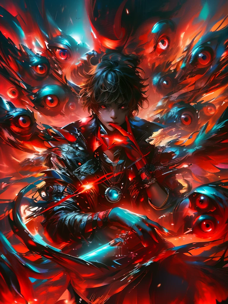 Hoem with black hair and red eyes, surrounded by eyes, disembodied with red irises, red and black background. Dark coat with red details, holds a right spear, while the left hand touches the lips in a contemplative gesture. Extremely detaild, 8k, HDR, naturallight, cinematic lighting, masterpiece-anatomy-perfect, ultra HD, RAW photo, metallic, professional, ultra-fine painting, perfect body proportions, anatomically correct, uhd, real texture material, Anti-Aliasing, FKAA, TXAA, SSAO, Post Processing, Post Production, Tone Mapping, CGI, VFX, SFX, hyper maximalist, Volumetric, ultra photorealultra-detailed intricate details.