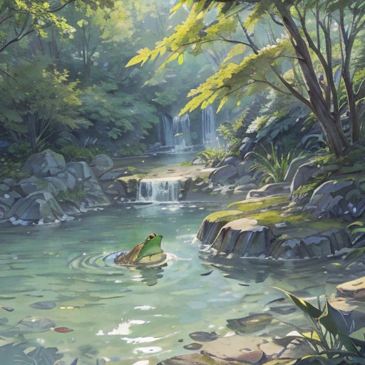 There was a frog sitting on a rock at the edge of the lake with lots of foliage typical of the place.