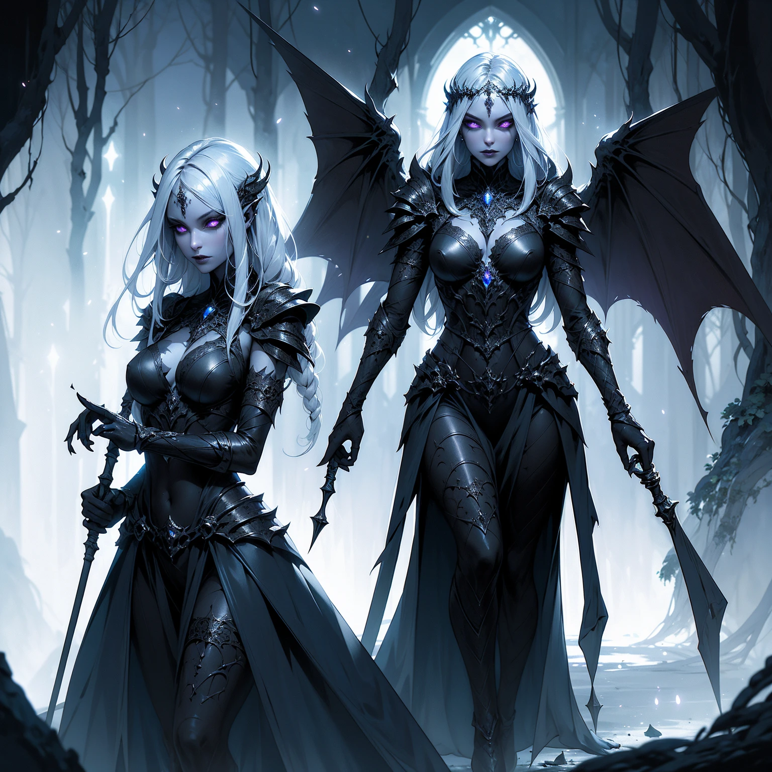 (((masterpiece, best quality, 16k)))((full body shot)) of a girl in detailed black gothic battle armor, standing in a completely dark environment. She has long white hair and glowing red eyes, with black angel wings, tattoos, and piercings. Her battle armor is intricately designed, revealing her bellybutton. She is holding a glowing orb of energy in her hands, which emits a soft, ethereal light. Surrounding her are numerous small lights in shades of {blue|purple}, casting a faint glow similar to candlelight. The only illumination comes from the orb and the particles around her. The atmosphere is {mysterious|otherworldly}, with a misty haze drifting around her feet. The ground beneath her is reflective, creating a mirrored effect that adds to the surreal ambiance. Subtle textures of ancient, worn stones and creeping vines can be seen in the background, hinting at a hidden, gothic castle. The scene is quiet and enigmatic, with her face partially obscured by the hood, her eyes focused intently on the luminous orb. She holds an intricately designed staff made of wood with metallic parts and embedded jewels.

[Best quality], [Masterpiece], [Ultra-detailed], [4k], {serene|intense} atmosphere, gothic castle, {dynamic pose|relaxed pose}, complete darkness, {soft shadows|dramatic lighting}, {reflected light on the ground:0.7}, {misty haze:0.6}, {glowing plants:0.5}, {creeping vines:0.4}, {ancient stones:0.3}.