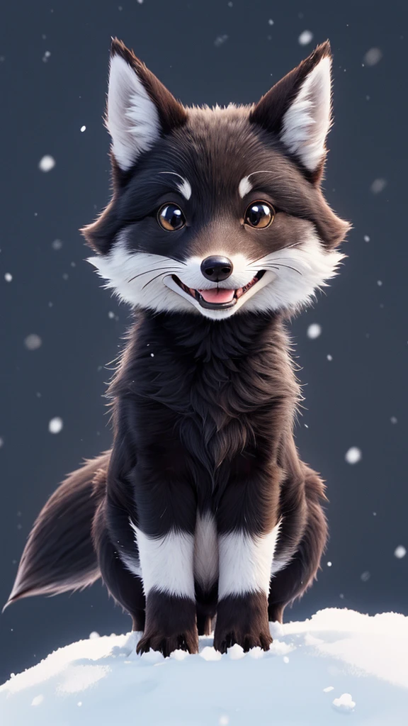 A little black fox,Smiling at you,White snow background
