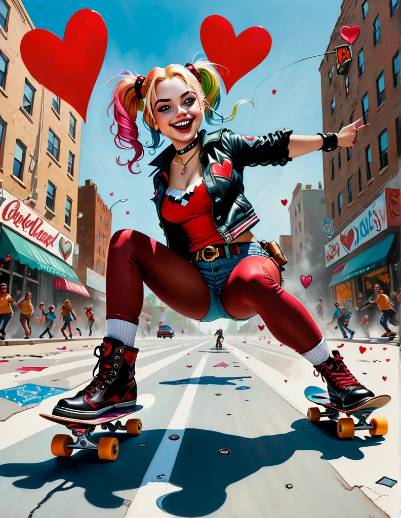 expressive portrait optical illusion action scene tempera painting postcard close up mad Harley Quinn skateboarding city street, wide smile road giving me perfect hand on cracked paper, sharp edges broken perspective, close up hand, hearts Apollonia Saintclair, Dan Mumford Norman Rockwell intricated pose, dynamic movement, cinematic, focus on perfect skate, boot, deep colors, low angle shot