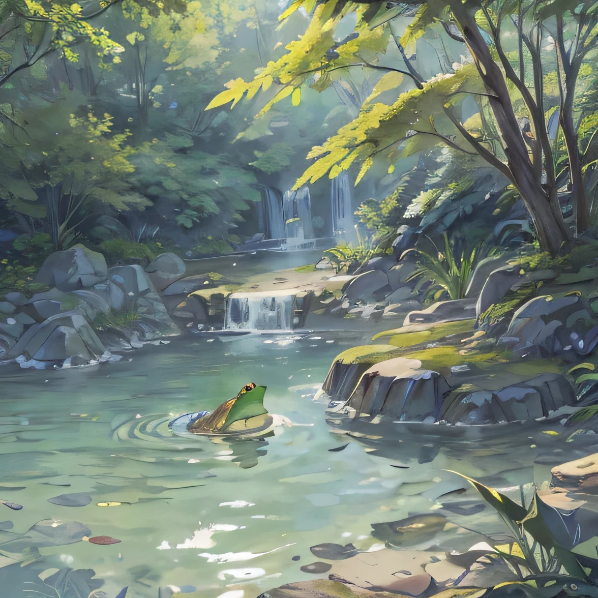 There was a frog sitting on a rock at the edge of the lake with lots of foliage typical of the place.
