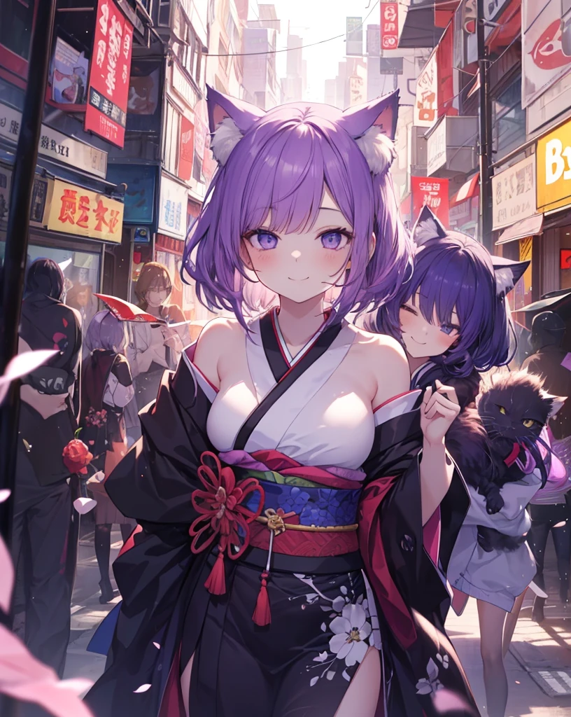 Portrait of a 24 years old catgirl smiling and winks. She is winking. She has purple hair with black reflexes and fluffy cat ears. She's sexy, bare shoulders, super cool assassin's kimono.
Random anime scenery.