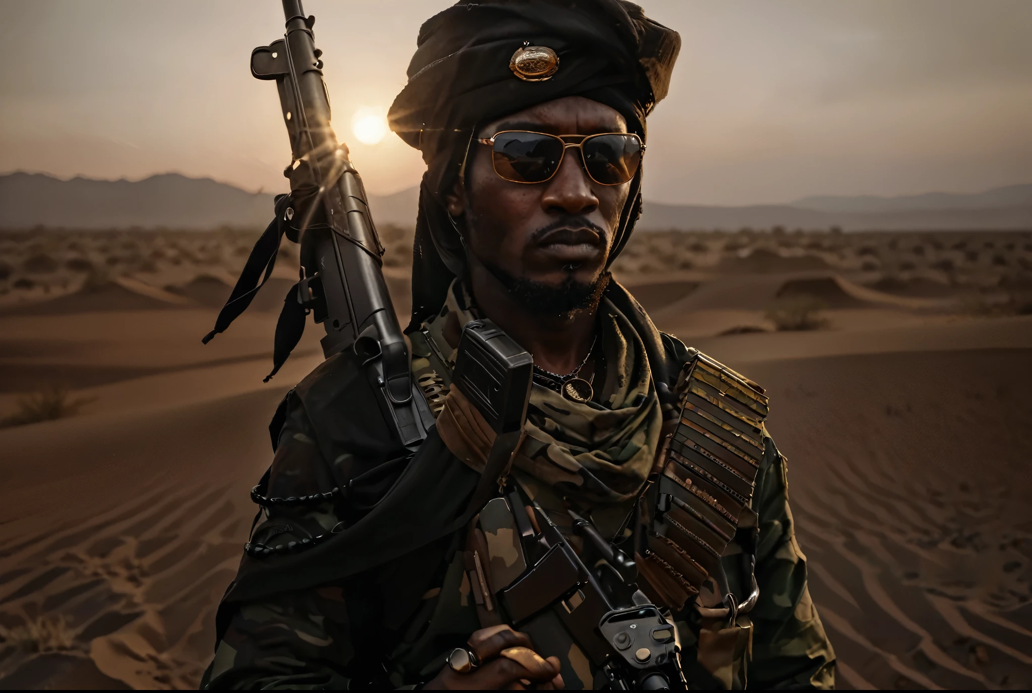 African military man is in the desert in the middle of the sunset, serious expression, wears sunglasses, black turban, many necklaces, belt with bullets, holds an assault rifle, is in the African savanna, Ultra detailed, hyper realistic, 4k, Ultra detailed image, realistic, Highly detailed, perfect composition, Splendid, Intricately detailed, Incredibly detailed, 8K fine art photography, hyper detailed, Masterpiece, Ultra detailed, hyper realistic, 4k, Ultra image detailed, realistic, highly detailed , perfect composition, gorgeous, incredibly detailed, detailed, 8K fine art photography, hyper-detailed, masterpiece