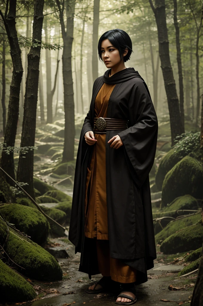 character art, woman monk, short black hair, forest, dungeons and dragons, niji parameter