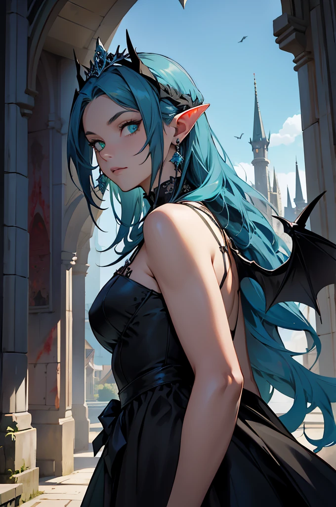woman, long hair, blue hair, green eyes, wears an old dress, wears a tiara with two bat wings near her ears, black dress, wears earrings in her ears, the setting is a castle somewhat dark with blood in the air