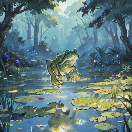 The frog jumped and dived into the pond