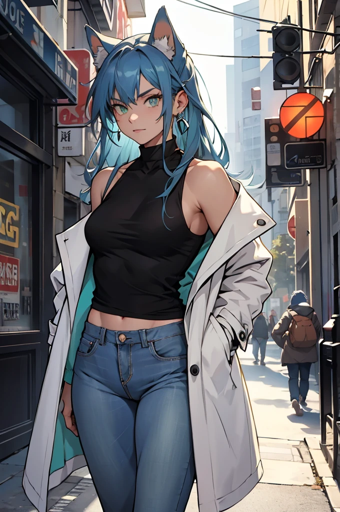 woman, long hair, blue hair, green eyes, wears a top, white top, over the tank top she wears a ziber coat that is half thrown down showing her two shoulders and one, color coat gray, wear jeans, wear earrings in her ears, make the color of her clothes match the color of her hair, the scenery is bright lights with a medium dark tone in the city