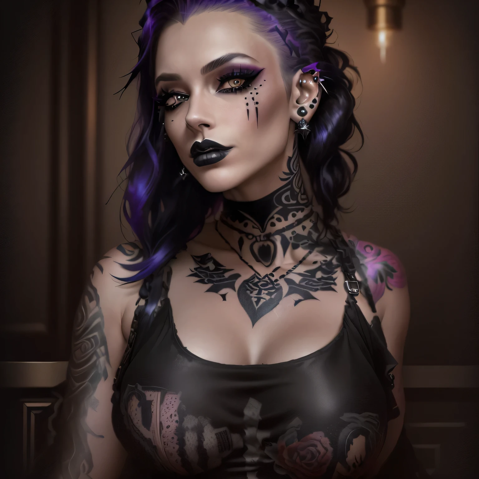 arafed woman with tattoos and piercings posing for a picture, tatuados, with tattoos, beautiful punk woman, she is wearing a black blouse, Lindsay Adler, sexy face with full makeup, accurate representation, using spikes and piercings, brutal makeup, bloody and slutty, 1 7 year old goth girl, very beautiful gothic top model, sultry gaze