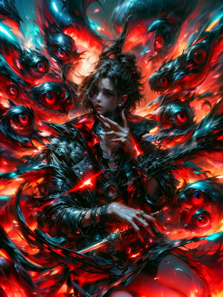 Man with black hair and red eyes, surrounded by red eyes. Dark coat with red details, holding sword in right hand, left hand making contemplative gesture. (male: 2), Character away, work of art, best qualityer, (Extremely detailed CG 8k unity wallpaper), (best qualityer), (best illustration), (best shade), absurderes, realistic lighting, (bright), beautiful detailed glowing, arte de PeterMohrBacher, detailed character, 85mm camera. Extremely detaild, 8k, HDR, naturallight, cinematic lighting, masterpiece-anatomy-perfect, ultra HD, RAW photo, metallic, professional, ultra-fine painting, perfect body proportions, anatomically correct, uhd, real texture material, Anti-Aliasing, FKAA, TXAA, SSAO, Post Processing, Post Production, Tone Mapping, CGI, VFX, SFX, hyper maximalist, Volumetric, ultra photorealultra-detailed intricate details.