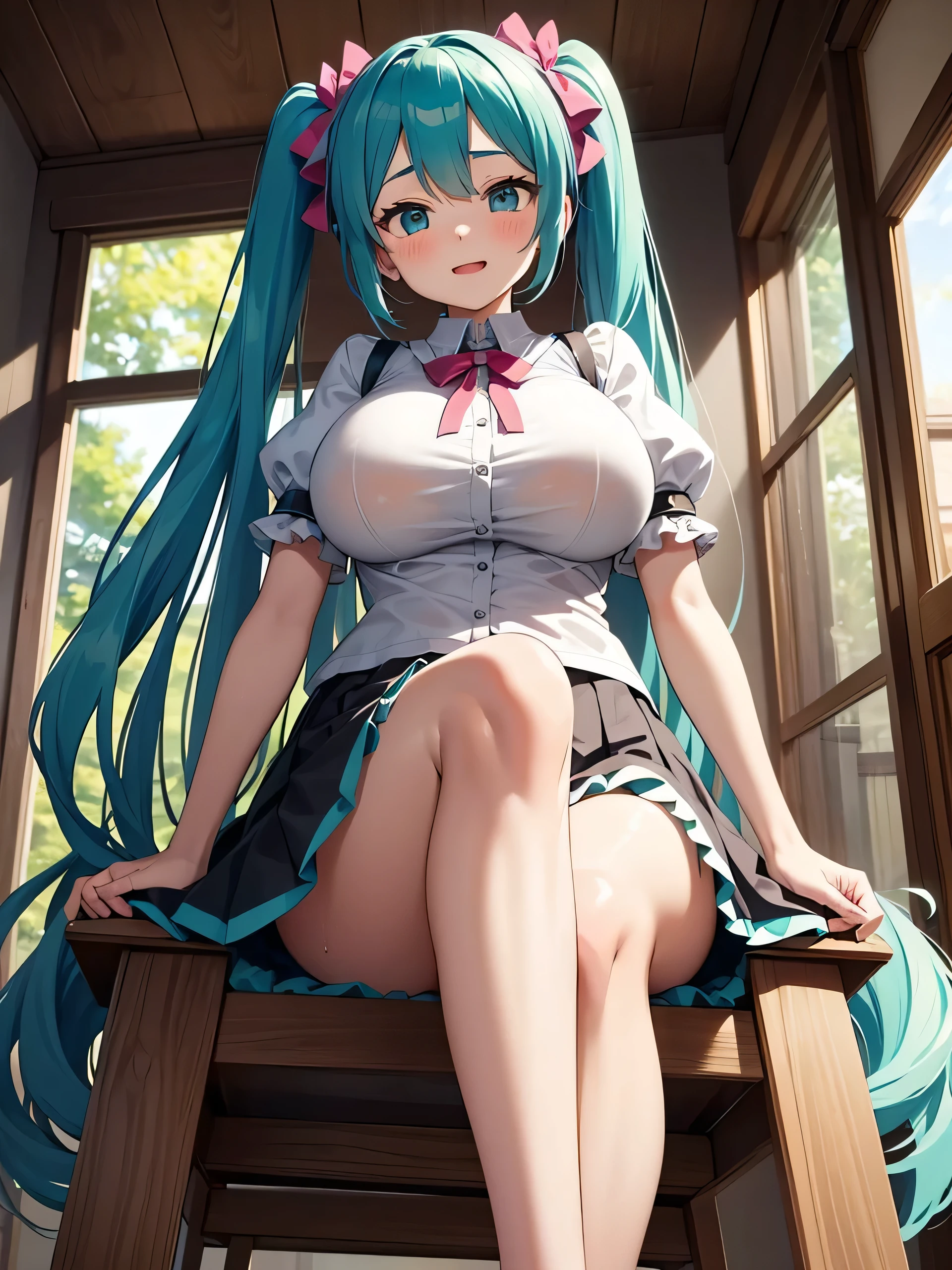 Young Hatsune Miku、girl、独奏、blush、(Huge breasts:1.2)、girl、Kindergarteners、、6 years old、、、be happy、Frills、Long skirt、Cosplay Costumes、Idol Costumeagical girl、Puffy short sleeves、Clothes are see-through、From below、Wet clothes、、Sit with your legs apart、Flexion and extension