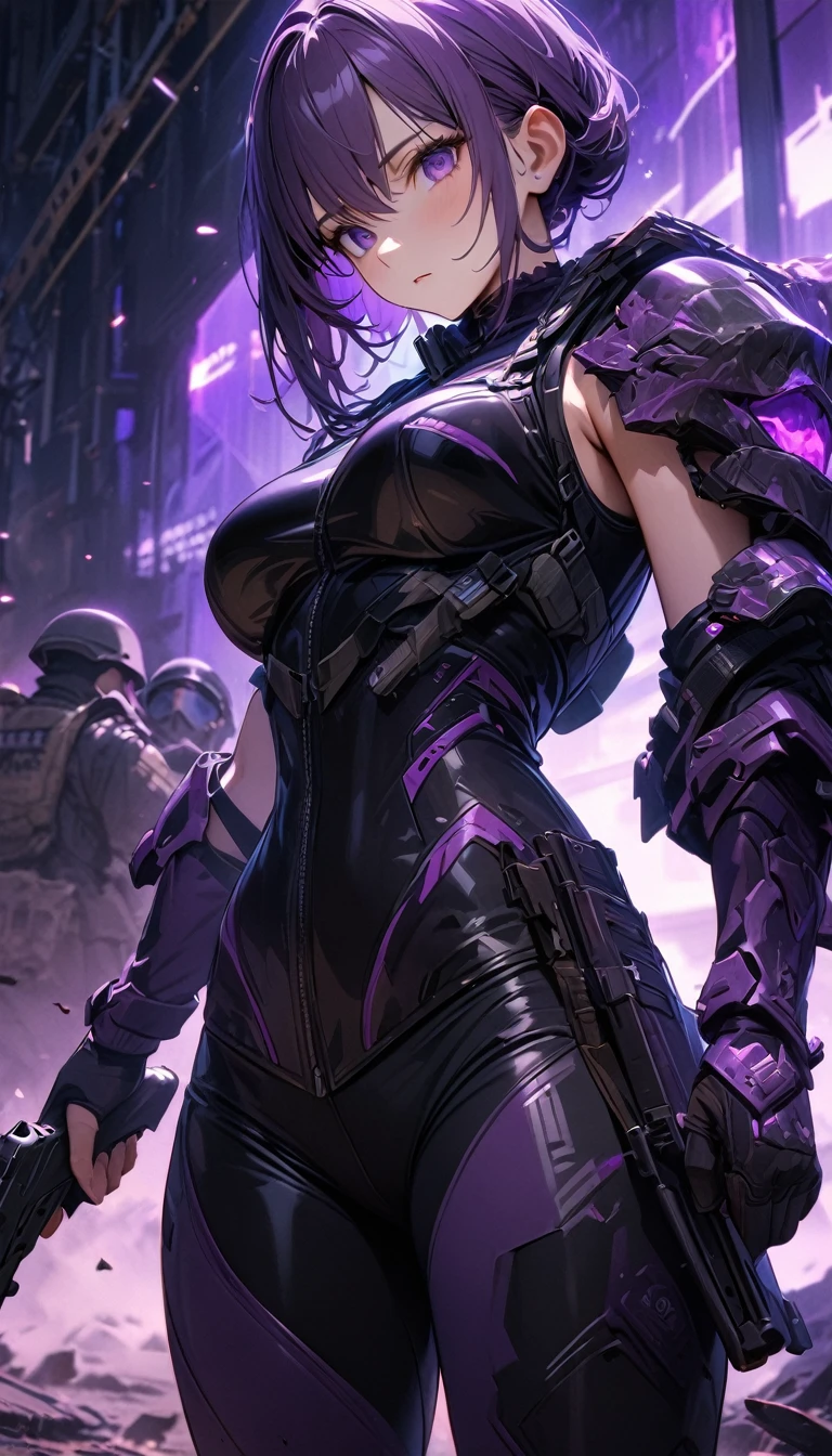 Adult girl, long purple hair, purple eyes, purple form, soldier armor jacket, sleeveless, tight pants, guns, S.T.A.L.K.E.R., Masterpiece, best quality, Full HD, 8k, ultra details, great graphic
