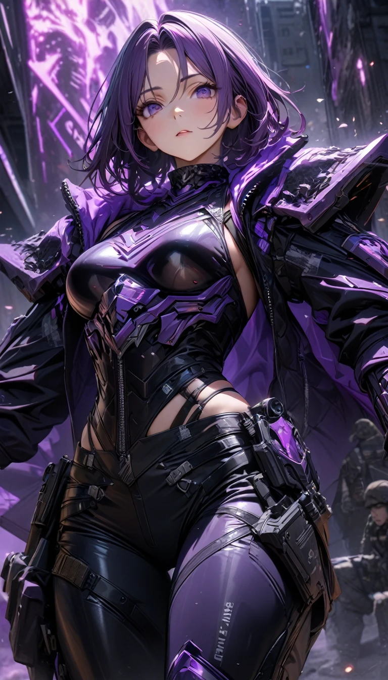 Adult girl, long purple hair, purple eyes, purple form, soldier armor jacket, sleeveless, tight pants, guns, S.T.A.L.K.E.R., Masterpiece, best quality, Full HD, 8k, ultra details, great graphic