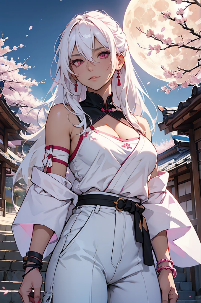 woman, long hair, white hair, pink eyes, wears a traditional Japanese bra, her pants are white, on her top she doesn't use anything just bandages to cover herself, on her right arm she wears bracelets , scenery and a moon with cherry blossoms over it