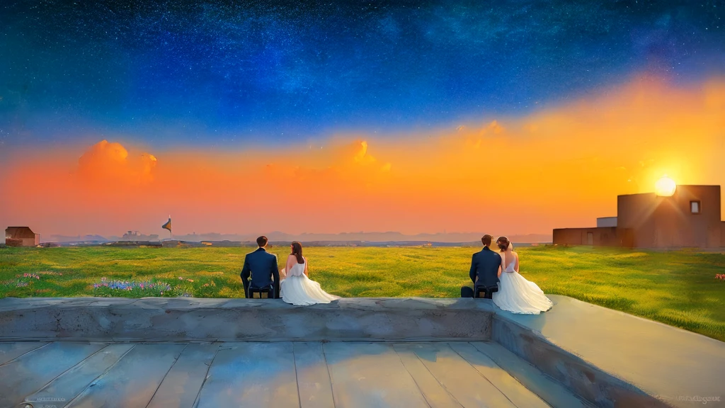 (((masterpiece))), Best Quality, illustration, sky, cloud, star \(symbol\),1 man, 1 girl, couple, intimate, lovers, evening, officer, evening sky, star y sky, Vibrant color scheme, luz outfit,(warm color:1.2), watercolor painting, light background, Best Quality exquisite details, 3D rendering, Octane rendering, plano general, from behind