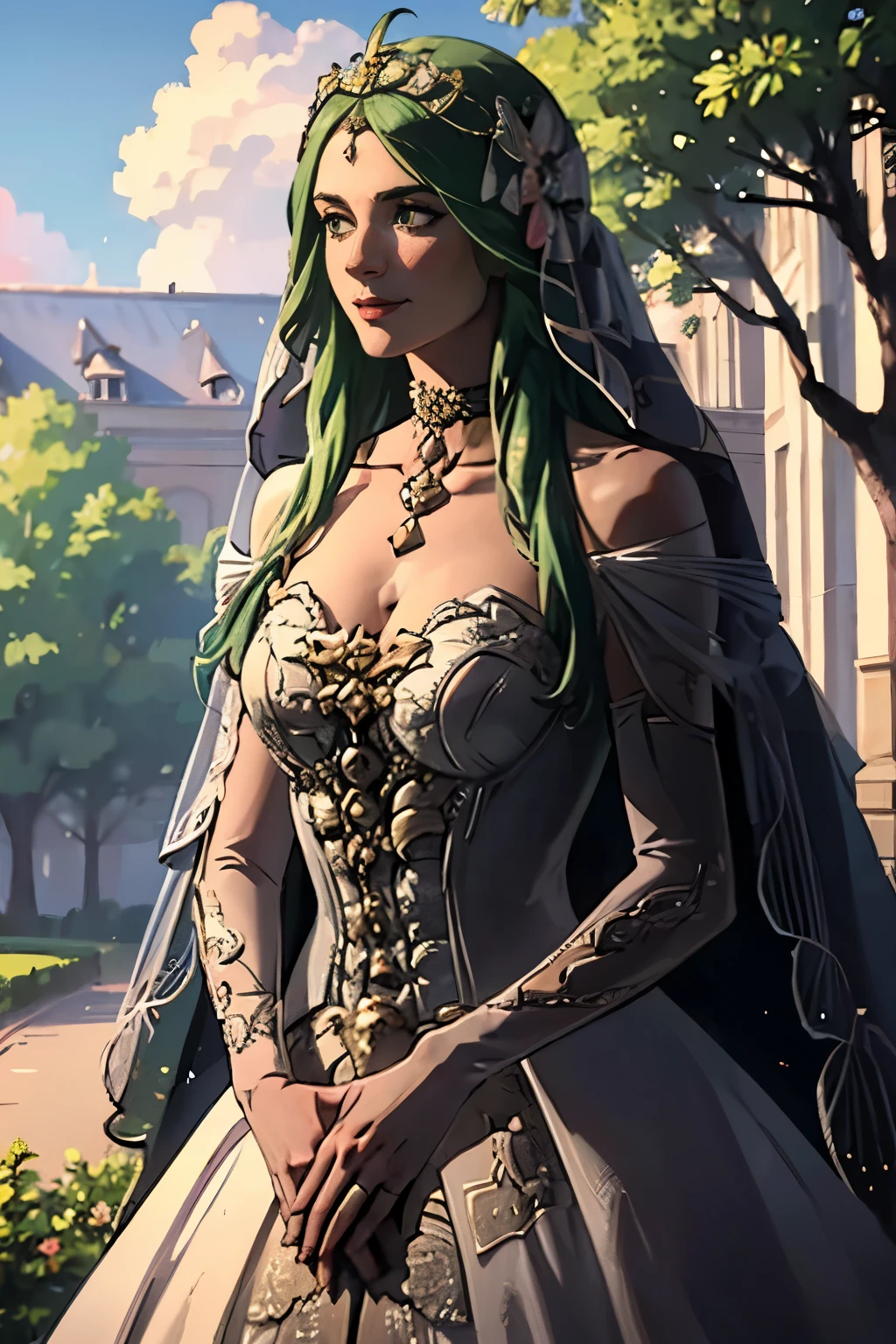 Rhea FE,  hair between eyes, ahoge, blonde hair, star \(symbol\), hair ornament, ruffled tulle dress, cleavage, bare shoulders, collarbone, long black elbow gloves, black gloves, black dress, black choker, strapless, tiara, veil, strapless dress, princess dress, veil, beautiful woman, perfect body, perfect breasts, wearing a princess dress, ball gown, in the park trees, wedding decorations, a warm smile, realism, masterpiece, textured skin, super detail, high detail, high quality, best quality, 1080p, 16k, green hair