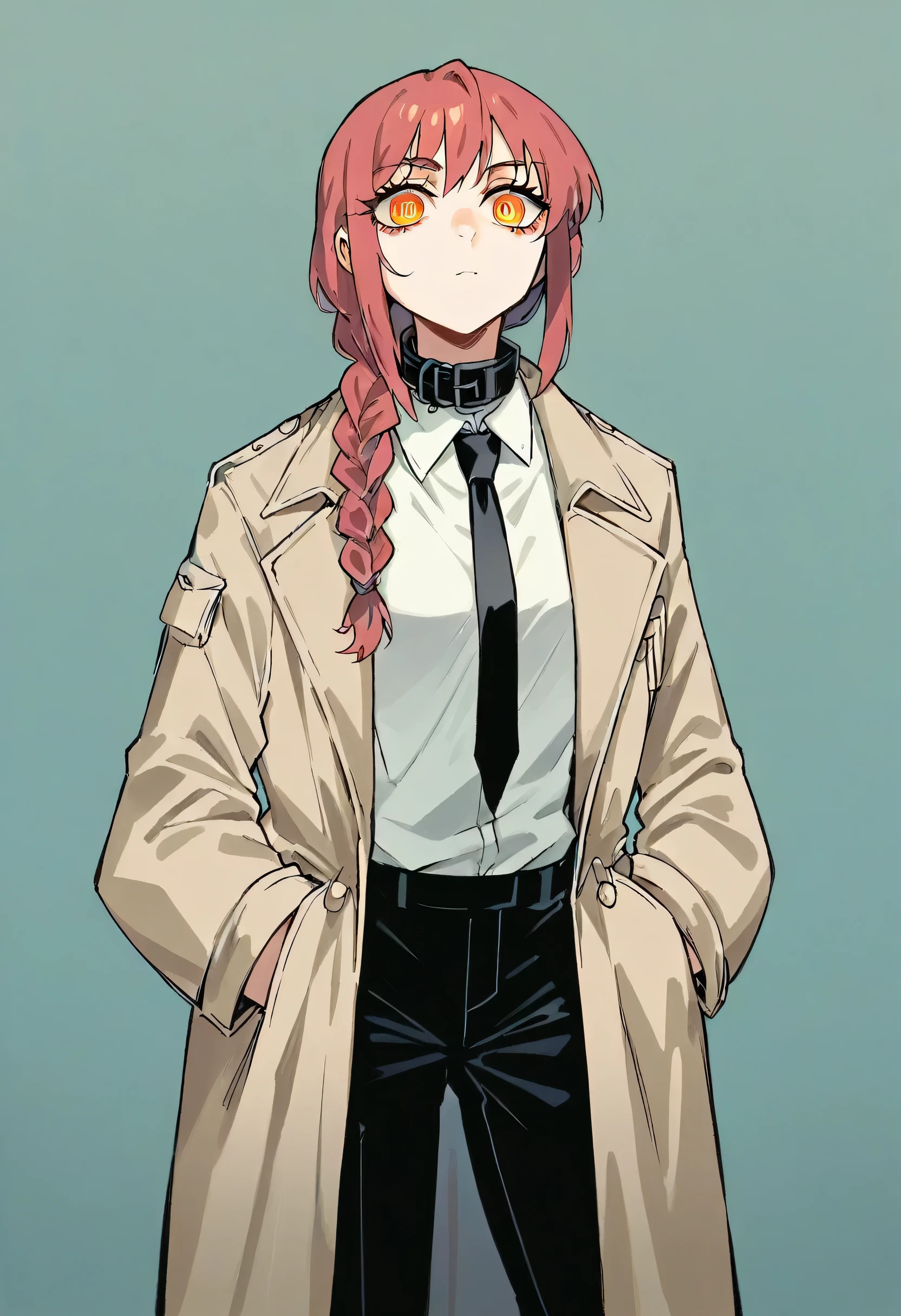 (work of art, best qualityer:1.2), standing alone, 1 girl, fleeing, unexpressive, cloused mouth, looking ahead at viewer, hands in pockets, braided ponytail, surrounded eyes, formal, trench coat, collar shirt, black necktie, black pants