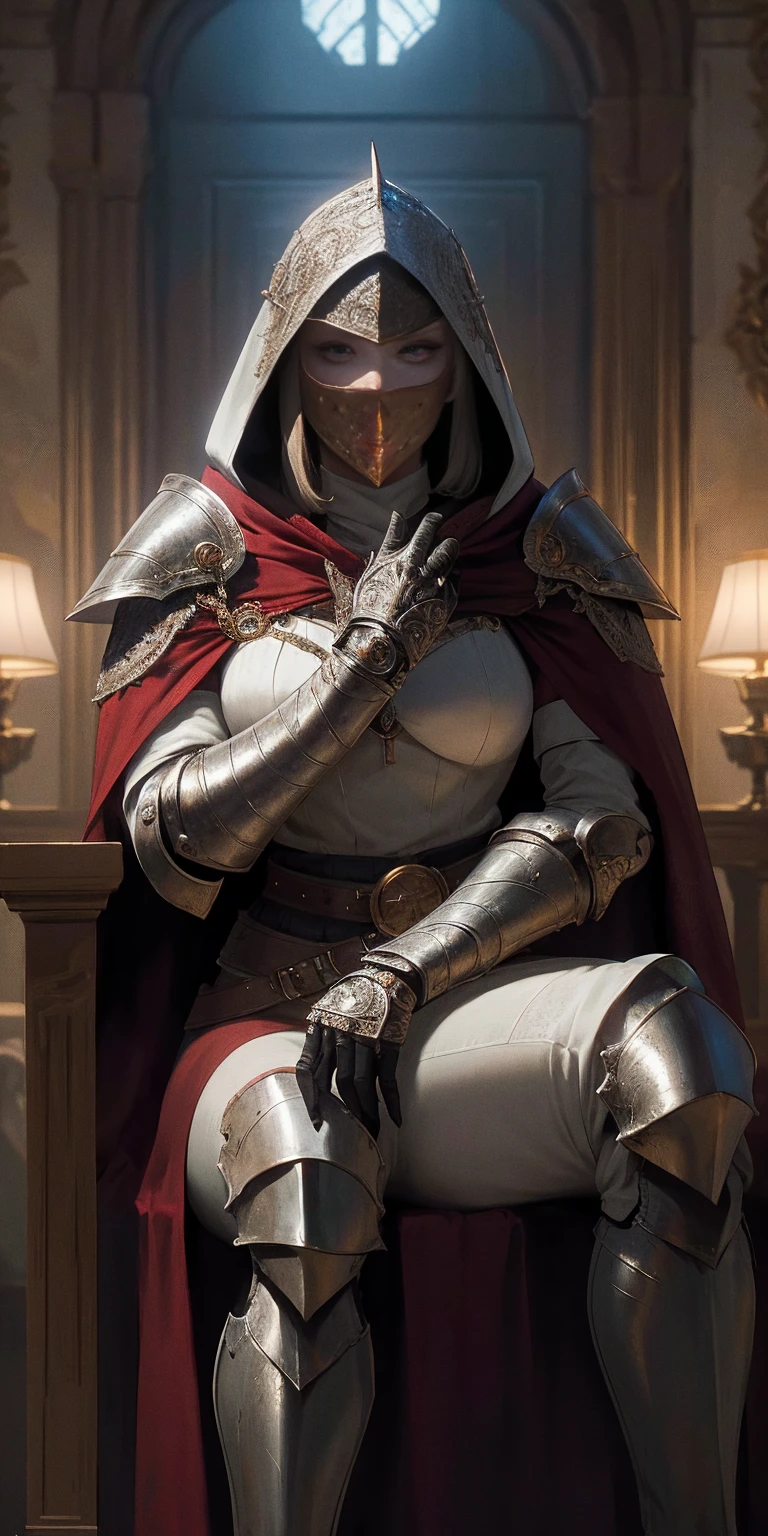 (masterpiece, Best Quality, absurd, 4k, Aesthetic, detailed, Intricate, perfect lighting) cinematic angle, 1solitaria, Sitting on the throne, elbow rest, castle interior, face mask, hood, layer, belt, armor, Cloak, red gloves gauntlets, corona