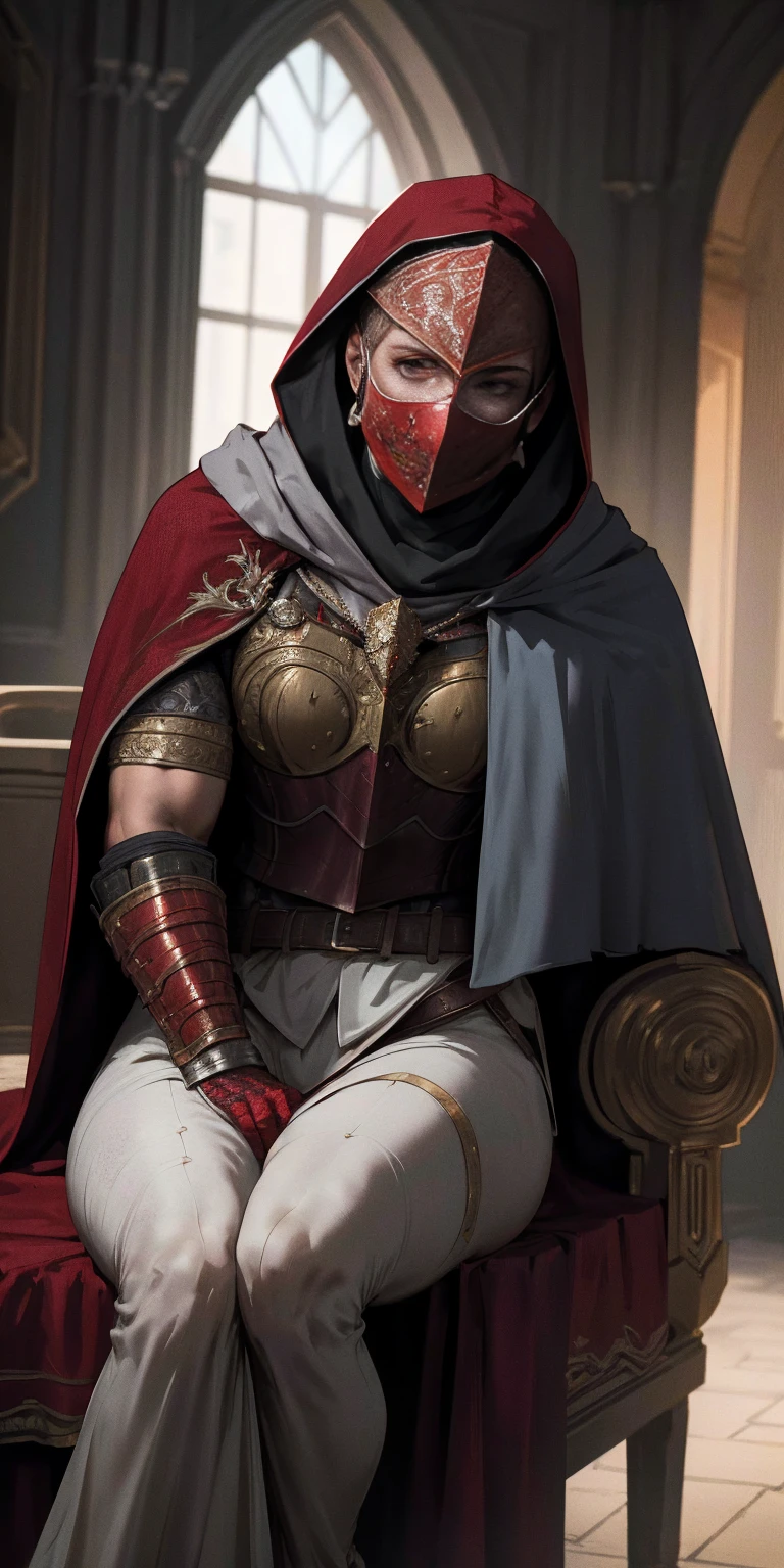 (masterpiece, Best Quality, absurd, 4k, Aesthetic, detailed, Intricate, perfect lighting) cinematic angle, 1solitaria, Sitting on the throne, elbow rest, castle interior, face mask, hood, layer, belt, armor, Cloak, red gloves gauntlets, corona