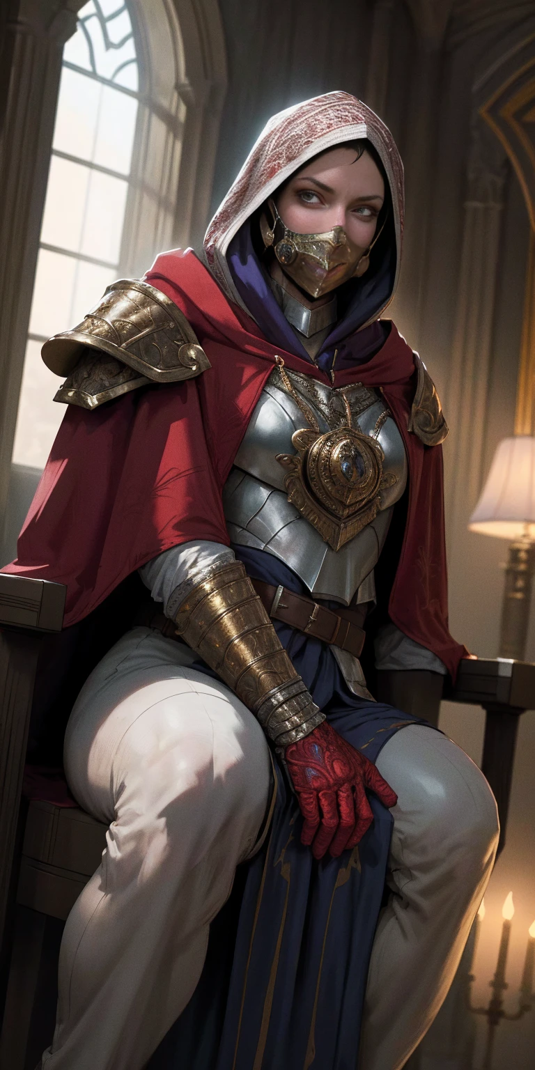 (masterpiece, Best Quality, absurd, 4k, Aesthetic, detailed, Intricate, perfect lighting) cinematic angle, 1solitaria, Sitting on the throne, elbow rest, castle interior, face mask, hood, layer, belt, armor, Cloak, red gloves gauntlets, corona