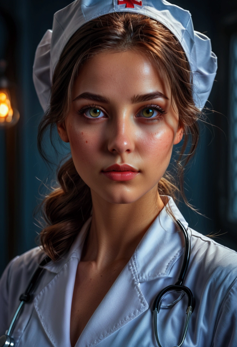 1girl, Nurse, a beautiful nurse, beautiful detailed eyes, beautiful detailed lips, extremely detailed face and portrait, longeyelashes, (4k,8k,highres:1.2), ultra-detailed, HDR, UHD, studio lighting, ultra-fine painting, sharp focus, physically-based rendering, extreme detail description, professional, vivid colors, bokeh, portrait, cinematic lighting, warm color tones, glowing skin, masterpiece, best quality, very aesthetic, absurdres