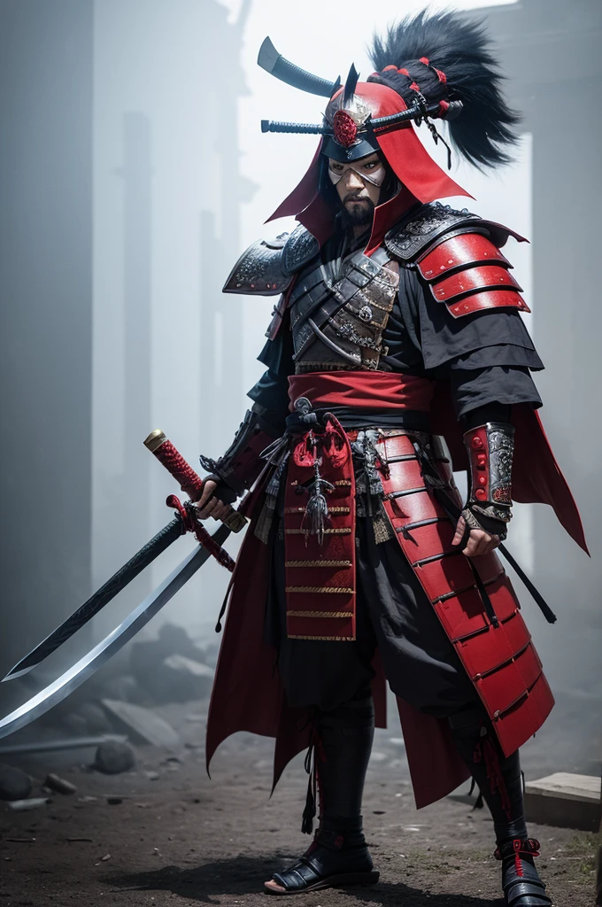 Giant samurai with full face covered in evil pirate style samurai armor with a sword (full body photo)